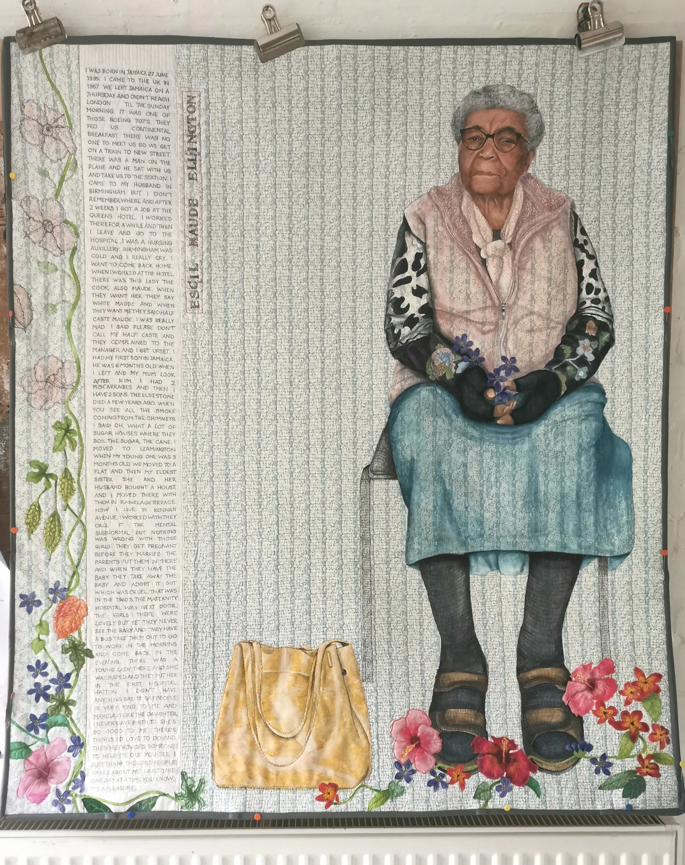 Windrush 9 Maude Ellington. One of a series of quilted portraits by Annabel Rainbow documenting the voices and faces of Windrush generations.