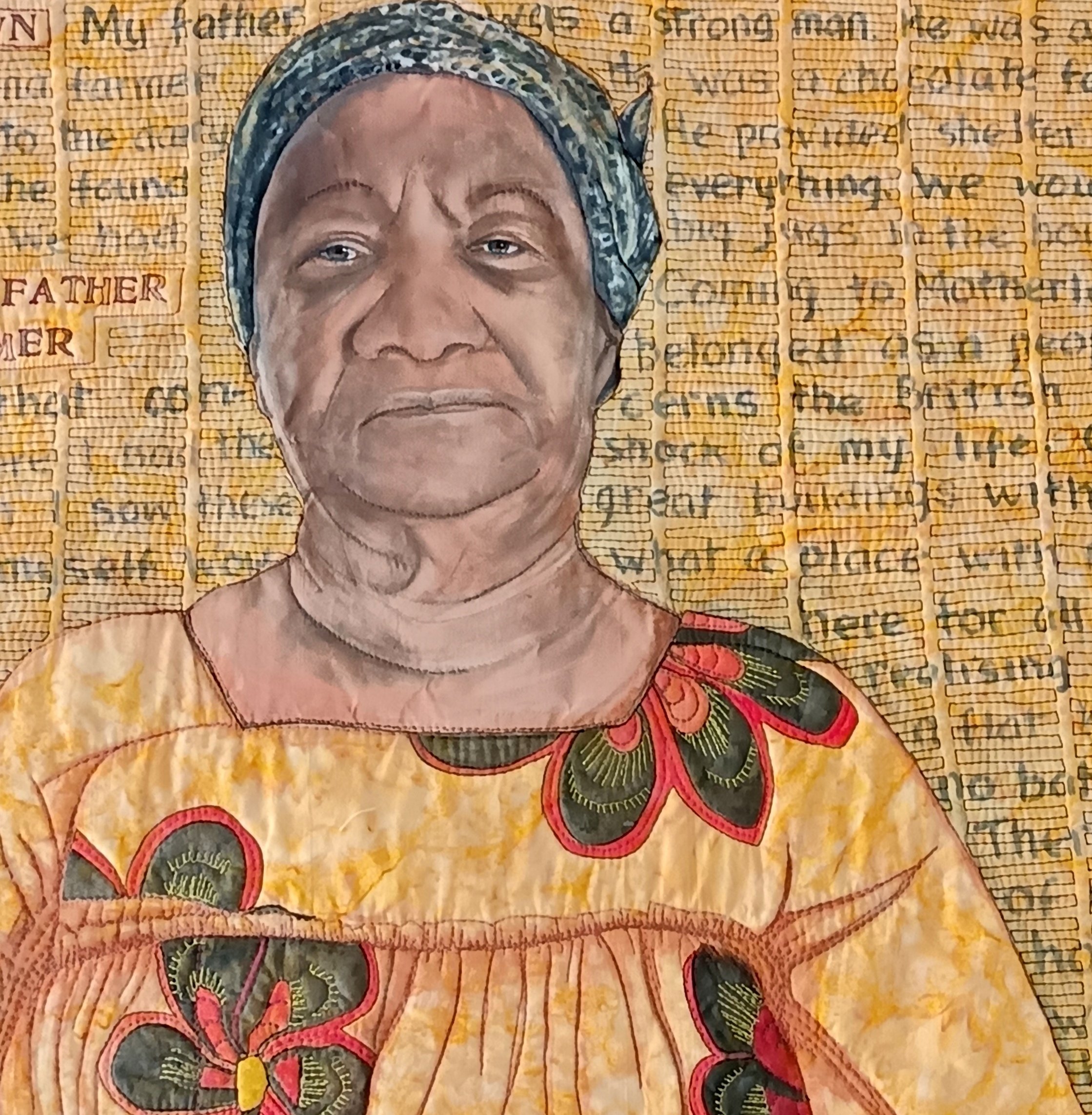 Artistic portrait of an elderly person wearing a headscarf and floral-patterned garment. The background consists of written text on a yellow grid pattern.