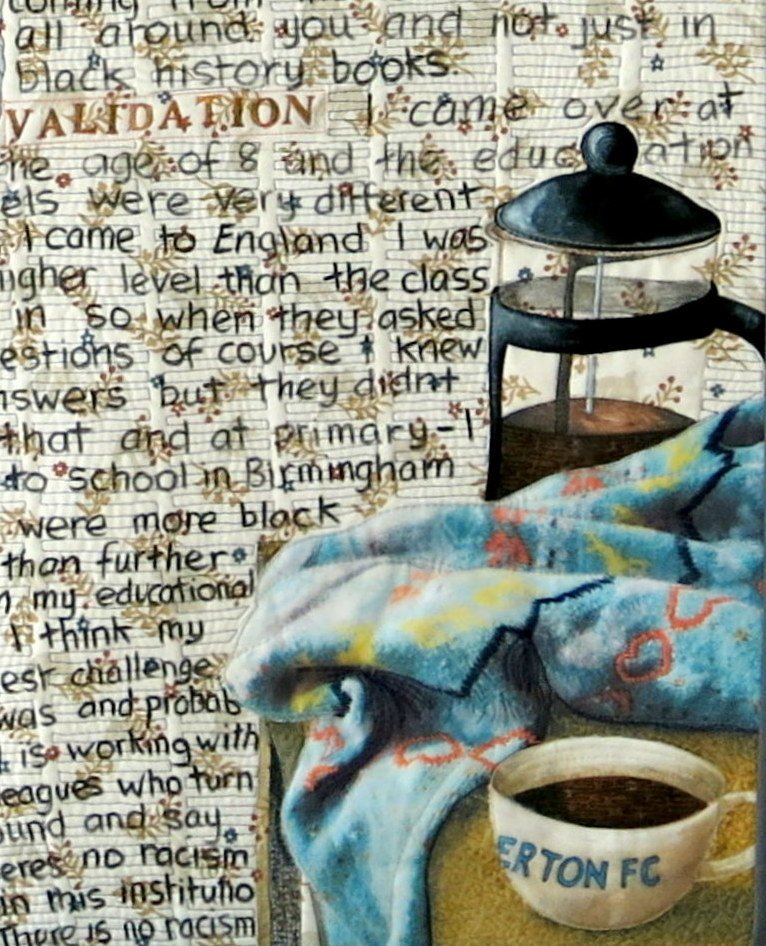Handwritten text on lined paper with a decorative floral background, featuring a French press coffee maker, a blue patterned blanket, and a mug labeled "ERTON FC" filled with dark liquid.