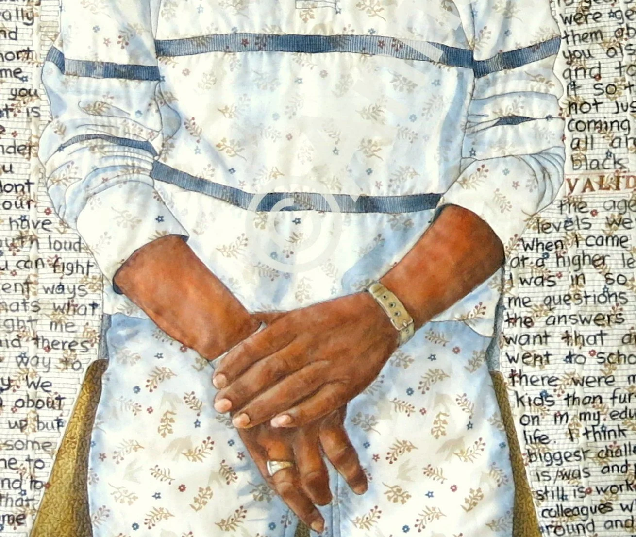 Painting of a person with folded arms wearing a patterned shirt and a watch. Background features handwritten text.