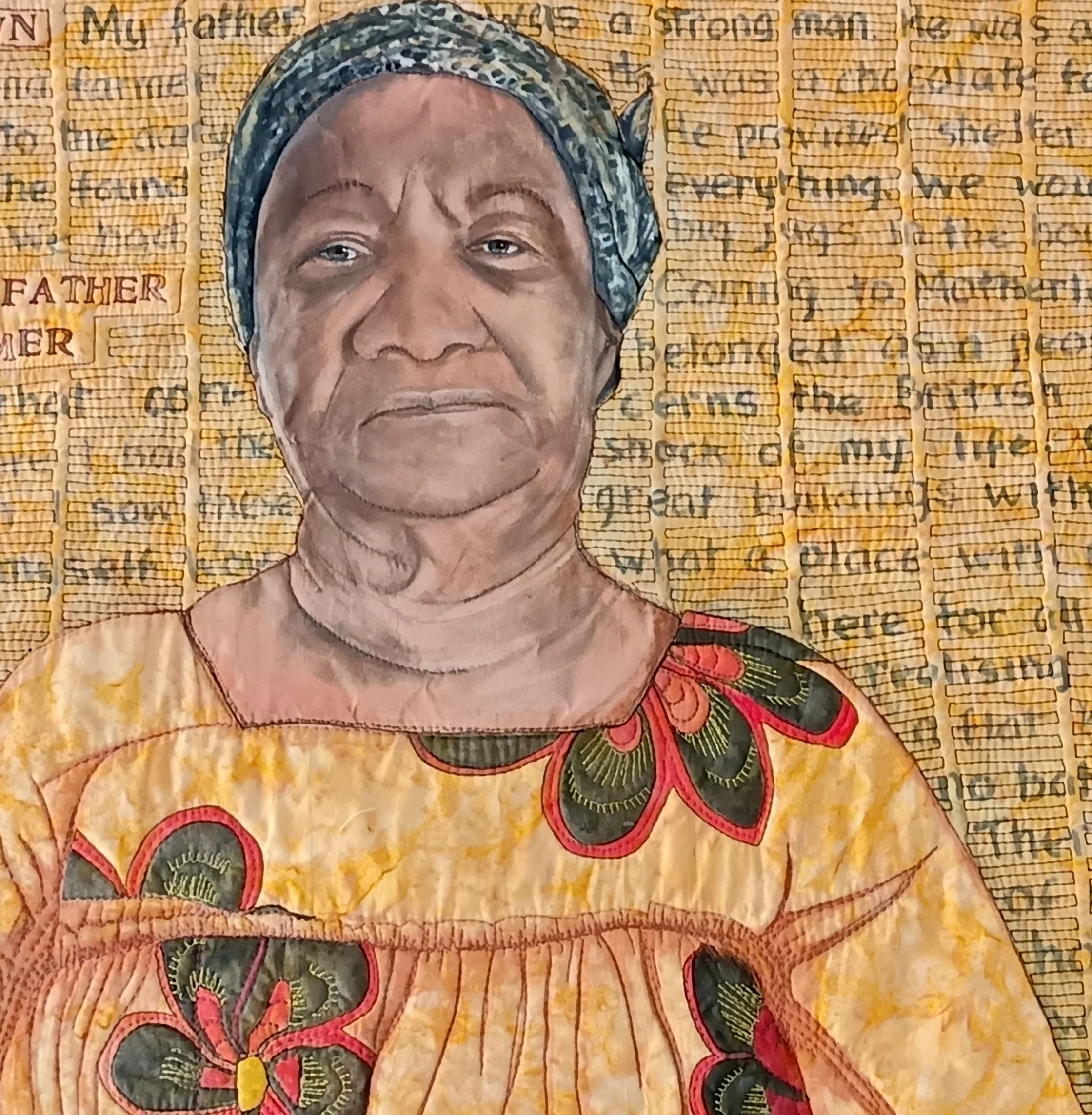 Artwork depicting an elderly woman wearing a headscarf and a yellow dress with floral patterns, set against a background of handwritten text.