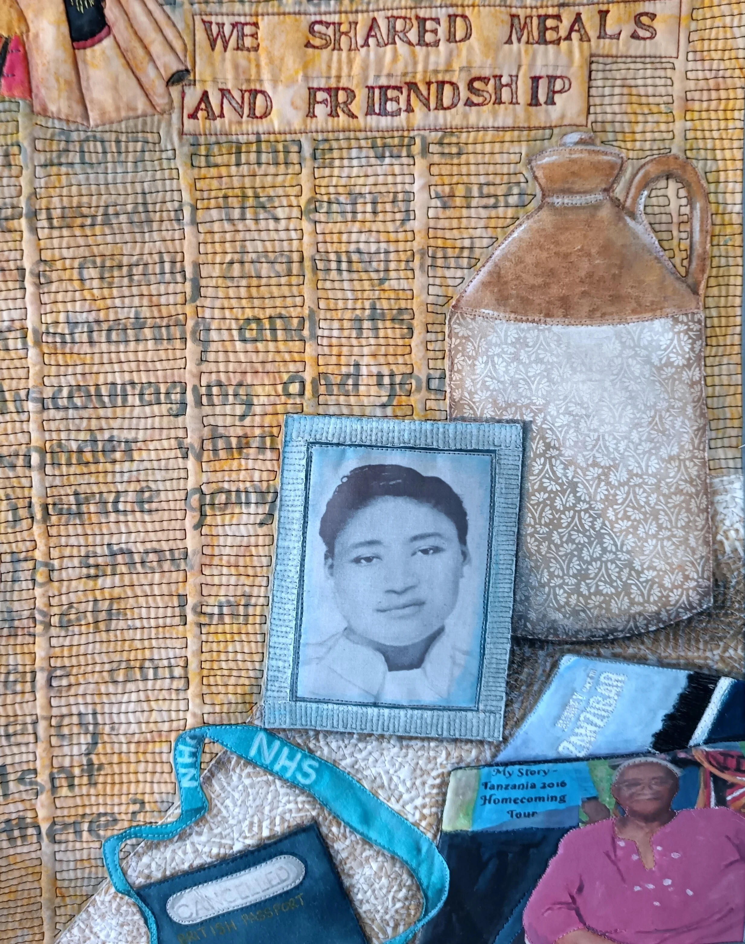 Quilt art featuring a vintage photo of a person, an old jug, text reading "We shared meals and friendship," an NHS lanyard, a canceled British passport, and other travel paraphernalia depicting cultural and personal history.