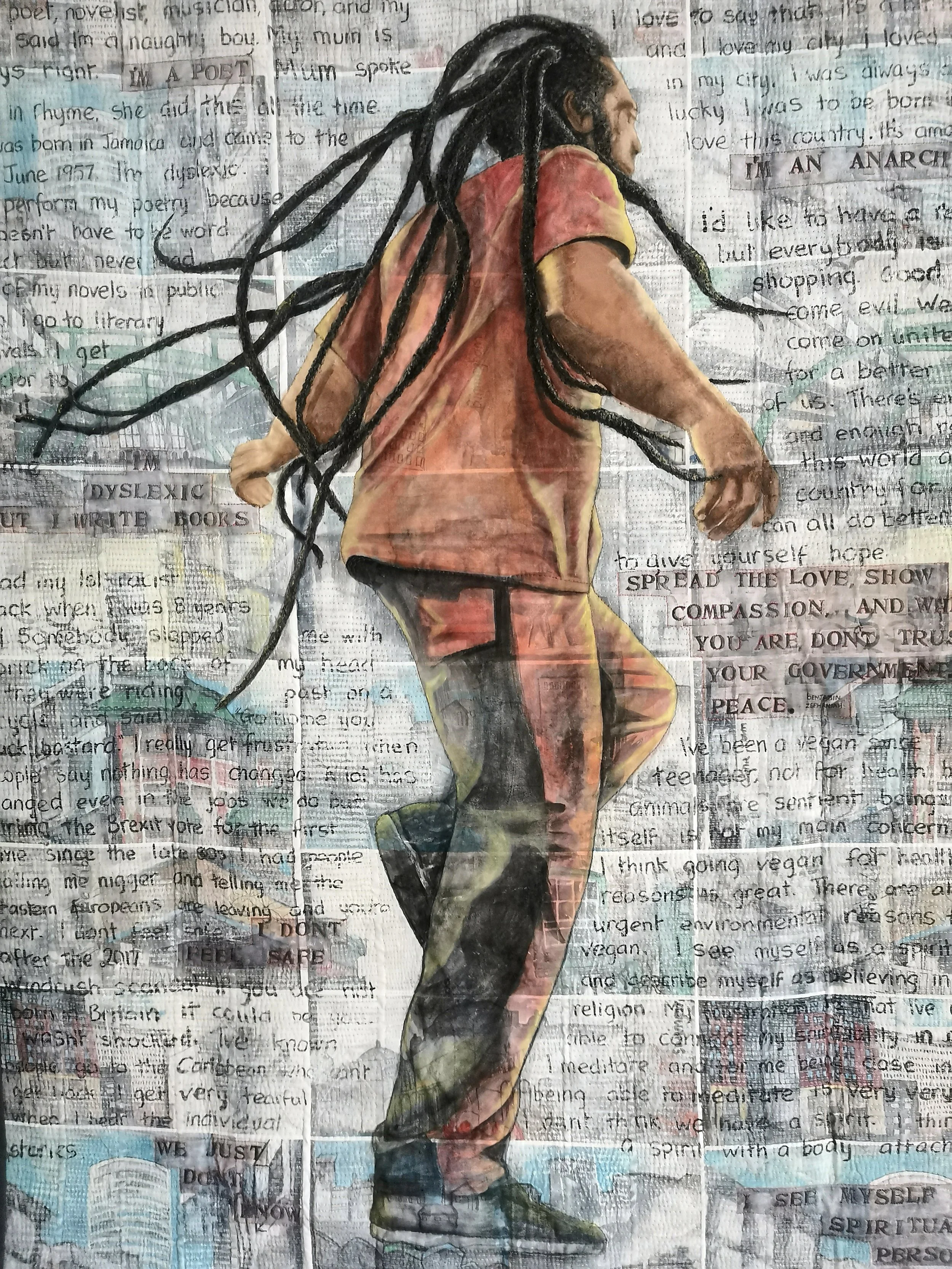 A person with long dreadlocks wearing a colorful outfit is depicted walking against a background of overlapping text and newspaper clippings in an artistic collage style.