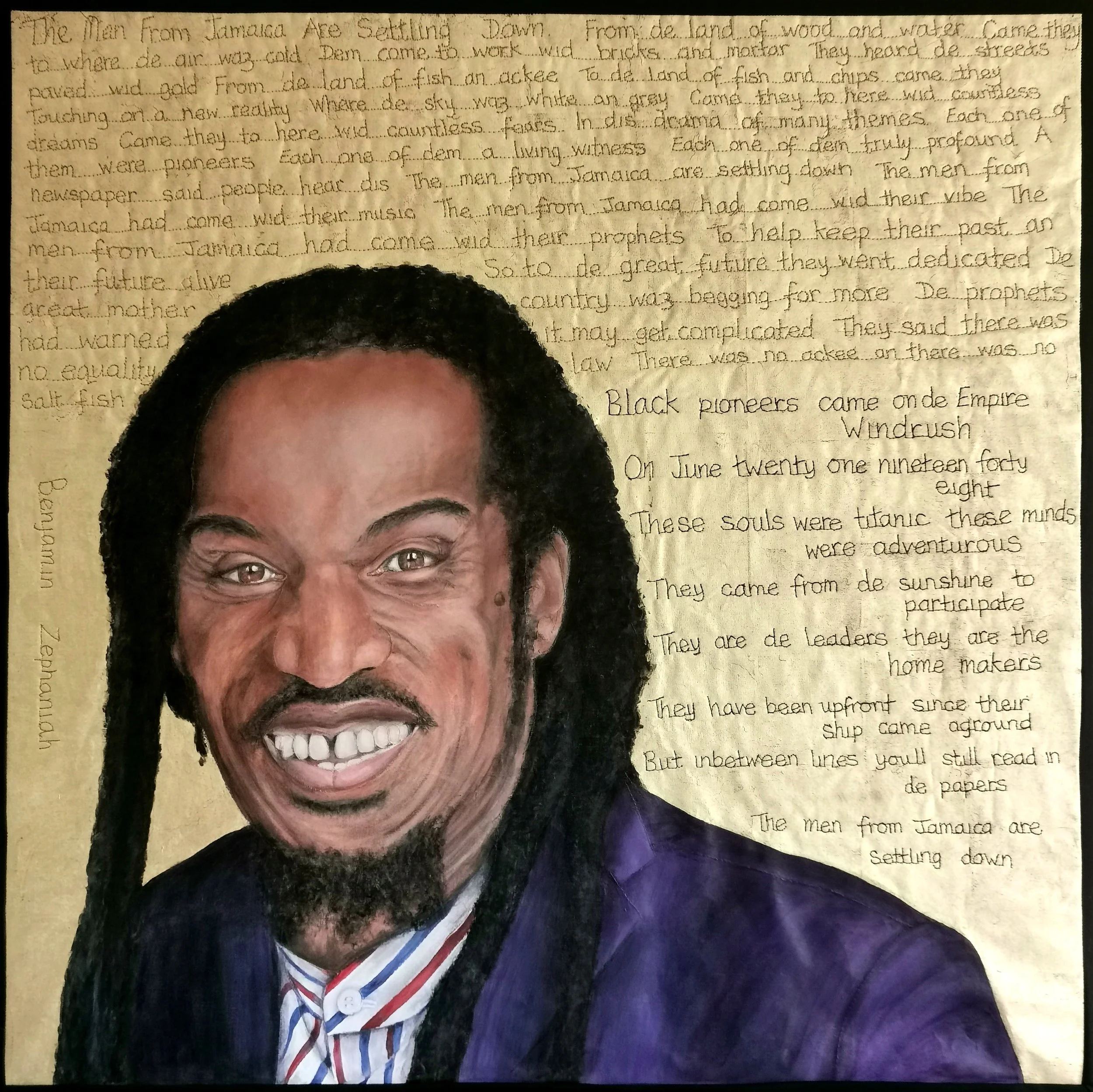 Portrait of a man with text about Jamaican settlers and the Windrush generation in the background, featuring the name Benjamin Zephaniah.