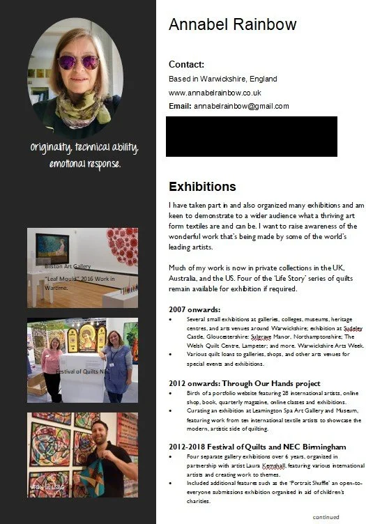 Profile of Annabel Rainbow featuring a photo, contact information, and exhibition history. The profile includes her website and email, with sections on exhibitions from 2007 onwards. There are images and descriptions of her work at various art galleries, along with collaborations and projects.