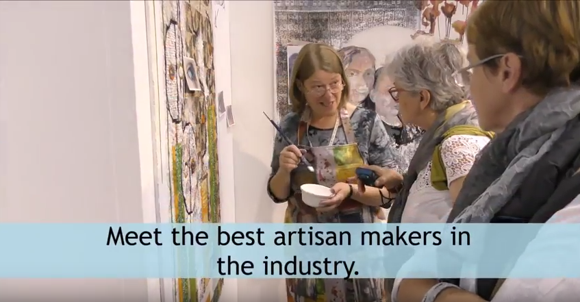 Annabel Rainbow painting live at the NEC, helping to raise money for Save The Children. A magazine shot observing the artist painting in a gallery with text "Meet the best artisan makers in the industry."