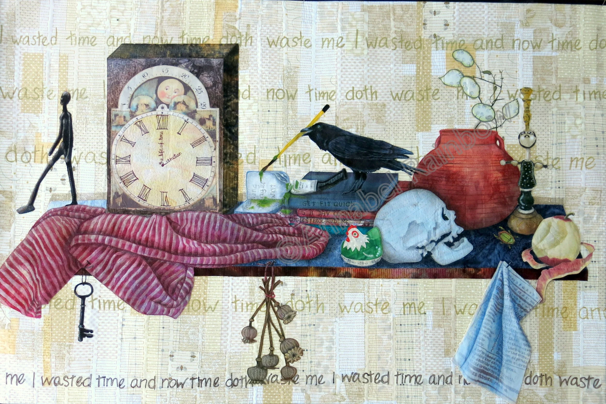 A mixed media artwork featuring an abstract human figure, a clock, a blackbird, books, a skull, an apple, a key, and various objects arranged on a textured background with handwritten text. The scene has a surreal, symbolic style.