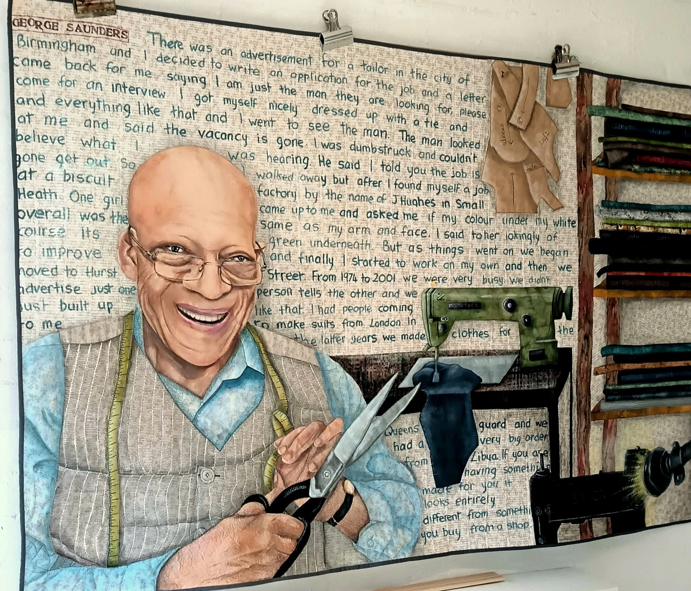 Illustration of a smiling tailor holding scissors, with a background of text and sewing patterns. The artwork also features sewing tools like a machine and fabric rolls.