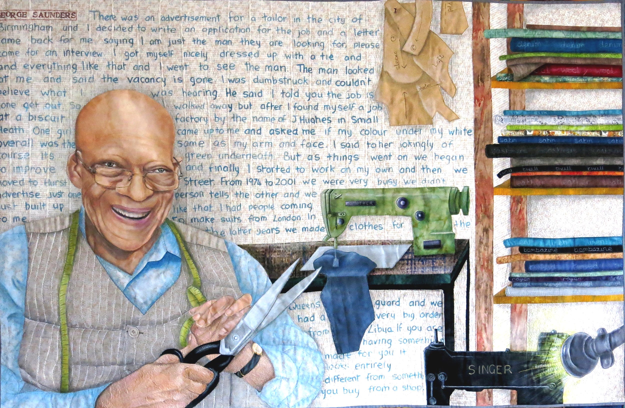 Painting of a smiling tailor holding scissors, with sewing patterns on a wall, sewing machine, and fabric rolls.