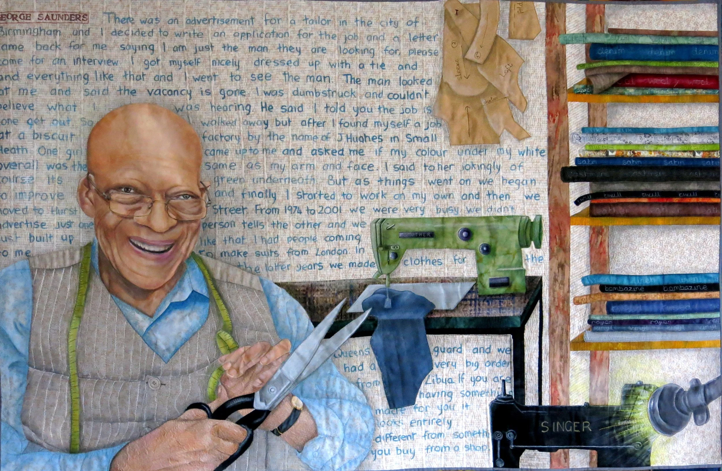 George Saunders, Tailor, a Windrush art quilt by Annabel Rainbow