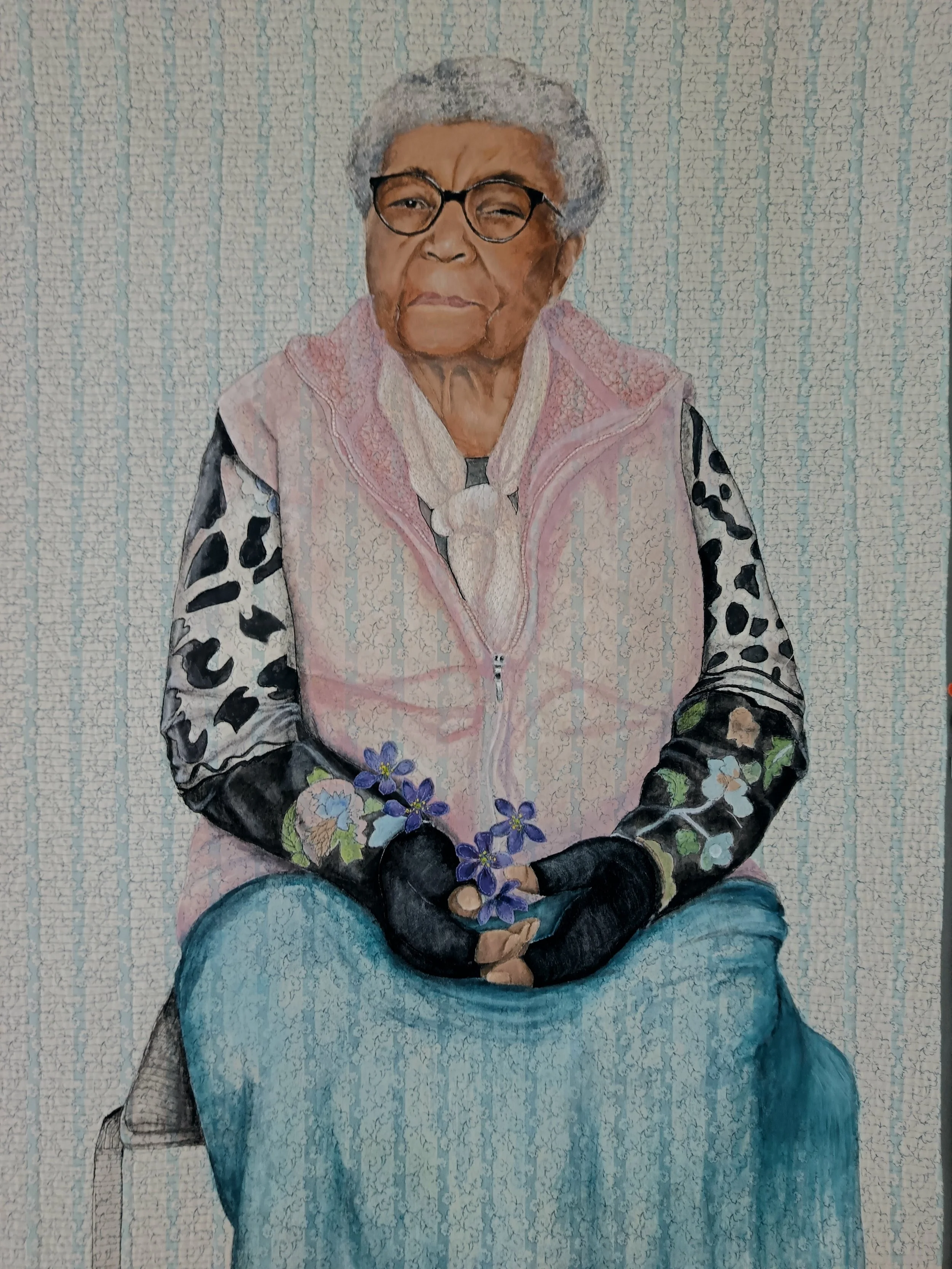 Windrush 9 Maude Ellington. One of a series of quilted portraits by Annabel Rainbow documenting the voices and faces of Windrush generations.