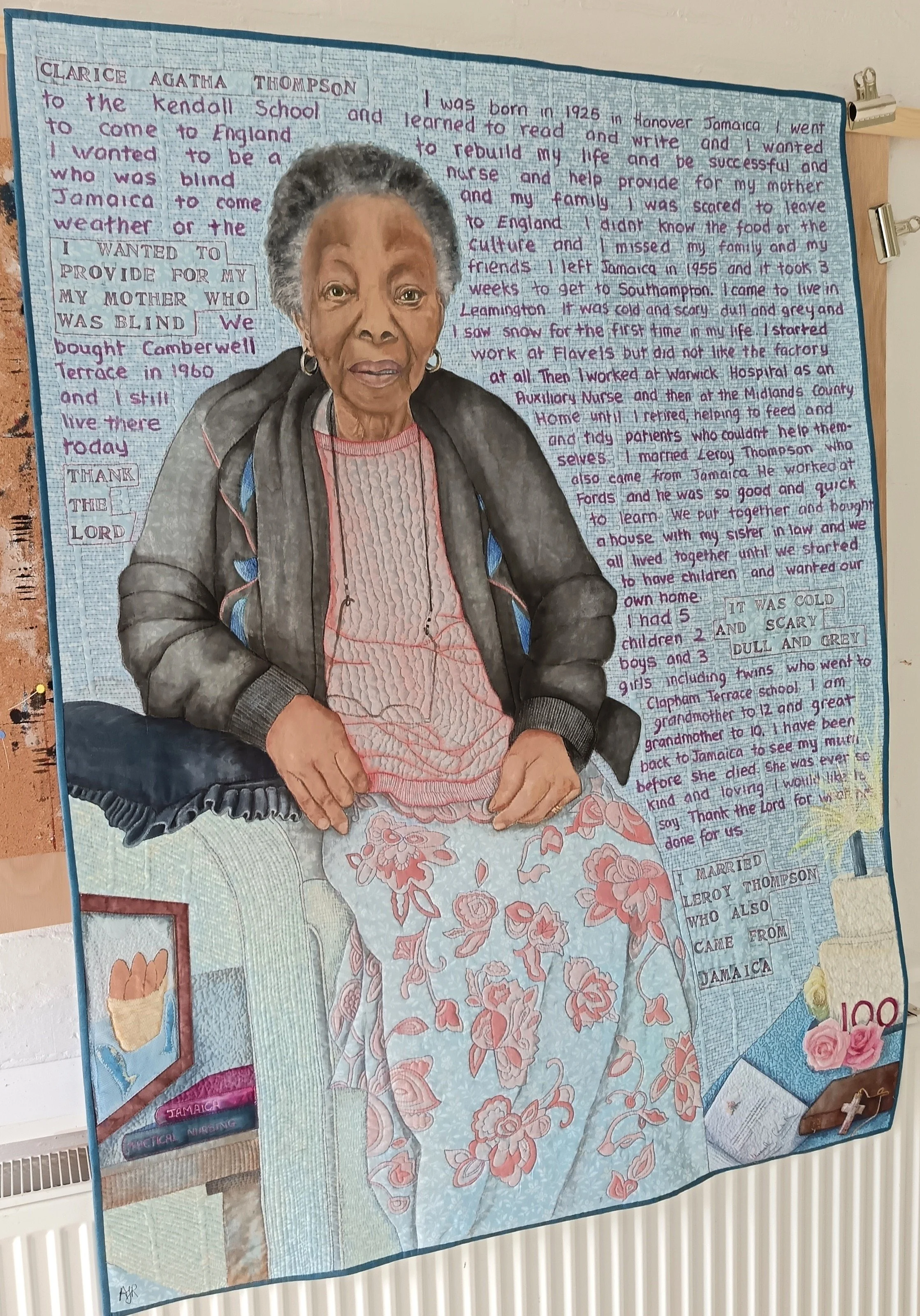 Windrush Portrait series of quilts by Annabel Rainbow. Clarice Thompson. SOLD