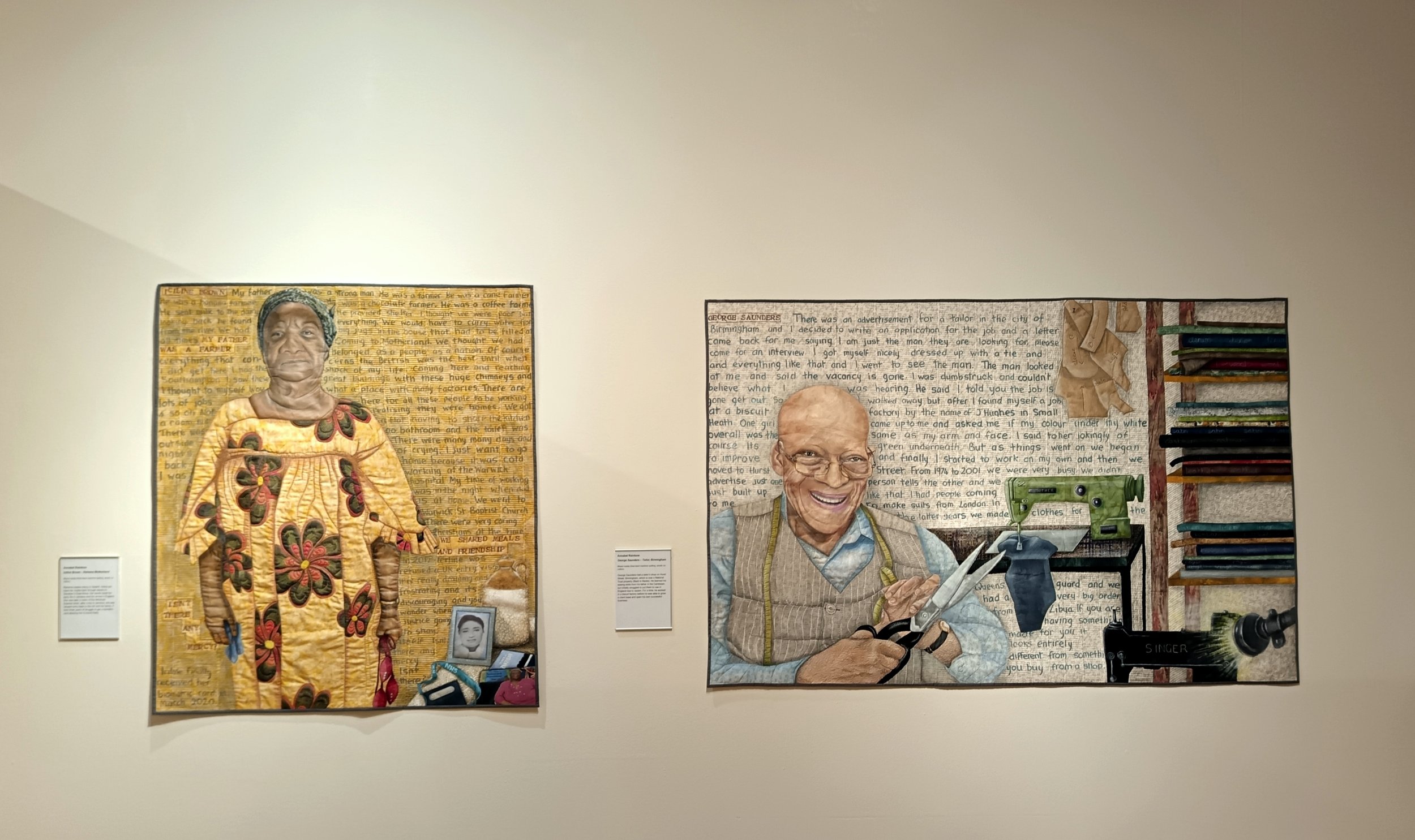 Windrush series of art quilts at an exhibition in Leamington Spa. Created by Annabel Rainbow as part of her Windrush series.