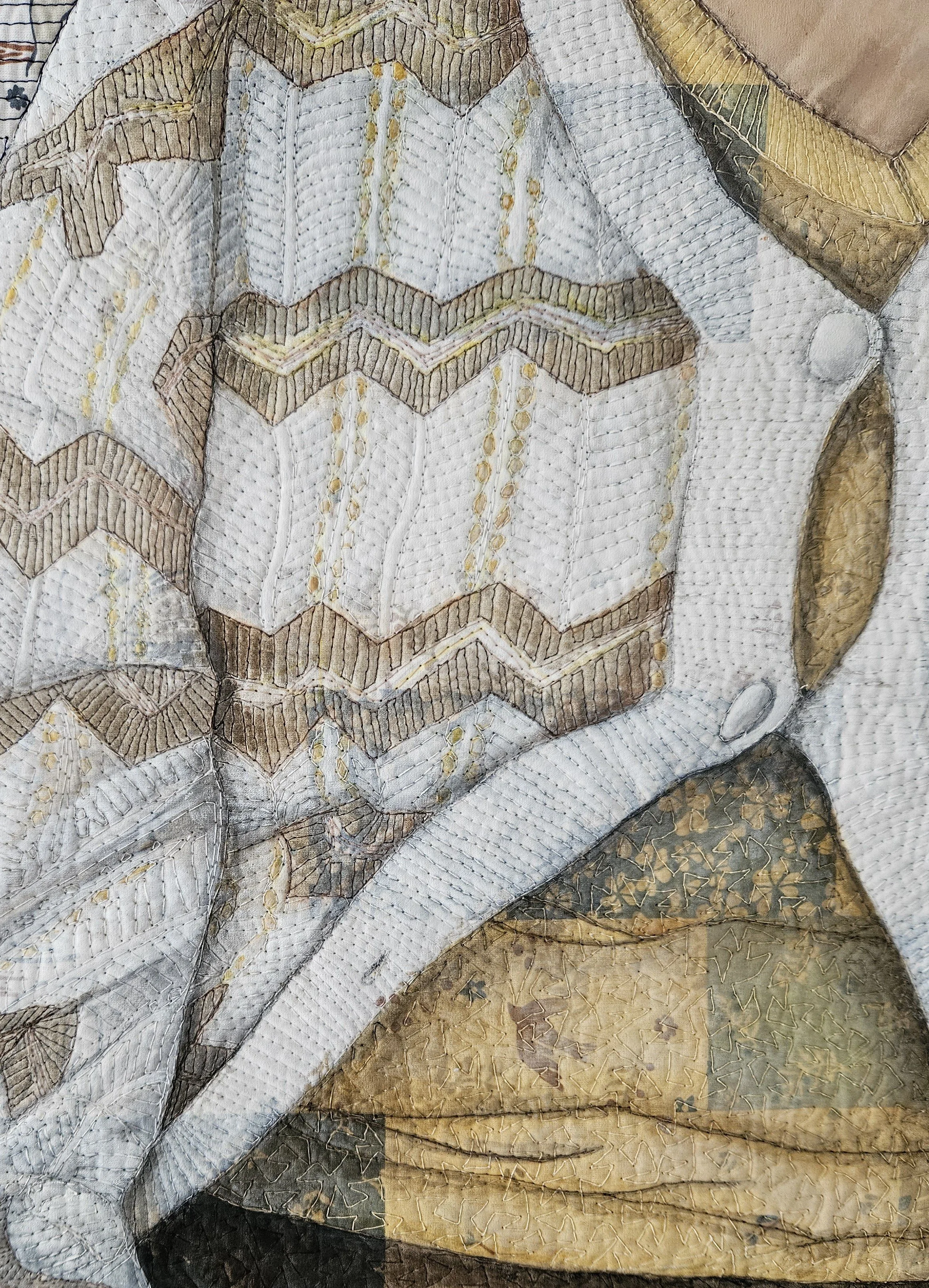 Detail of Windrush Voices quilt by Annabel Rainbow. Lucille Editha Ford