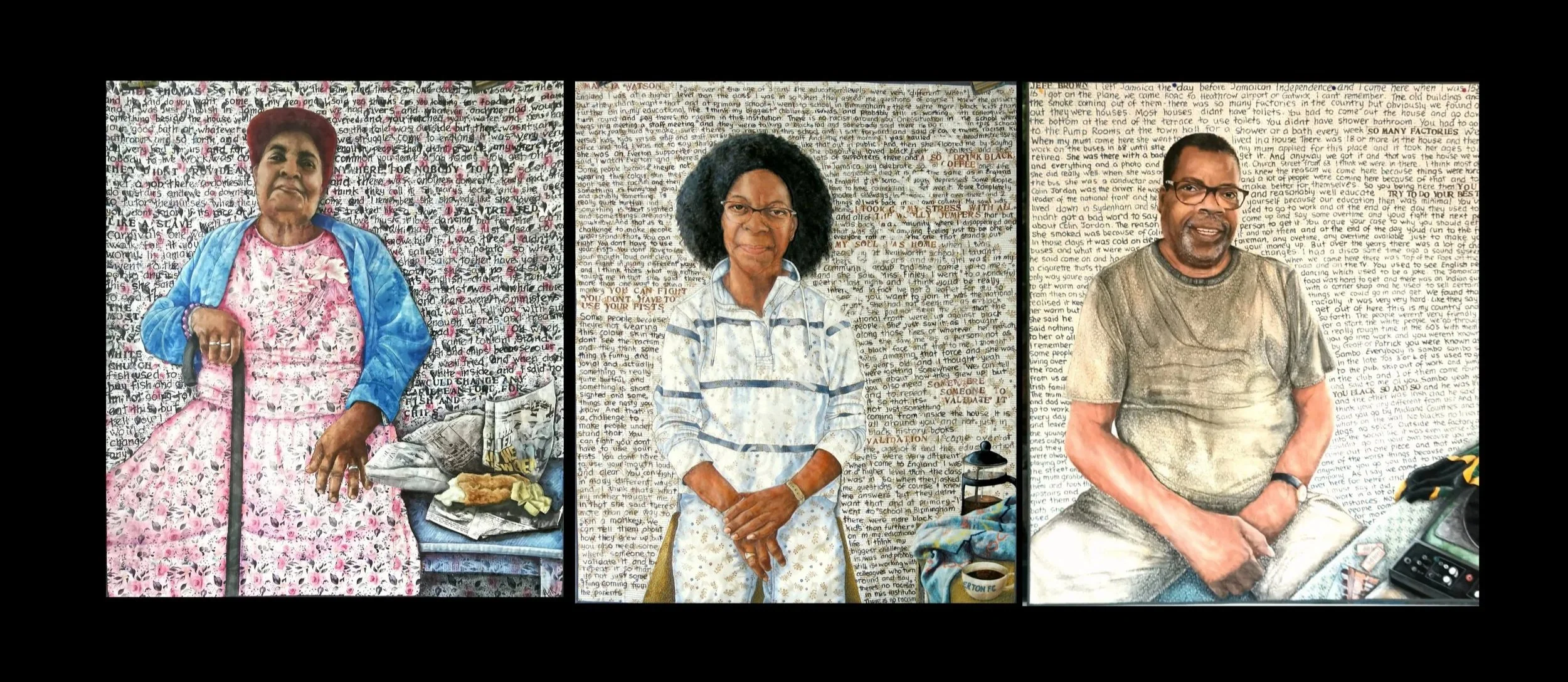 Three Windrush Voices quilts by Annabel Rainbow at Exhibition at Leamington Spa Art Gallery and Museum
