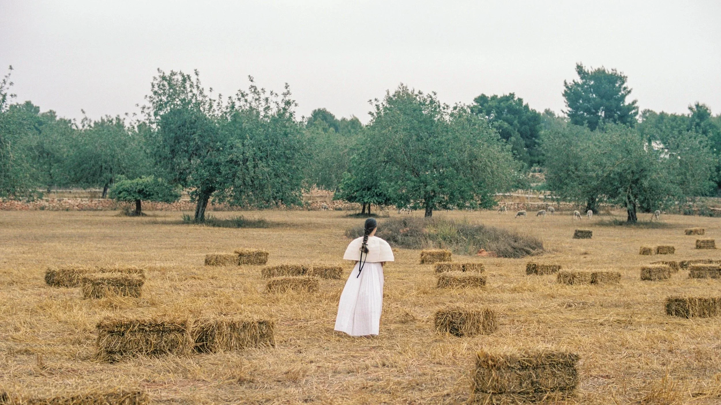 Editorial portrait of a woman wearing an authentic antique Ibizan dress, celebrating Balearic craftsmanship, heritage and The Balear Edit’s private sourcing placed at a traditional view of the Balearic Islands showcasing almond-trees.