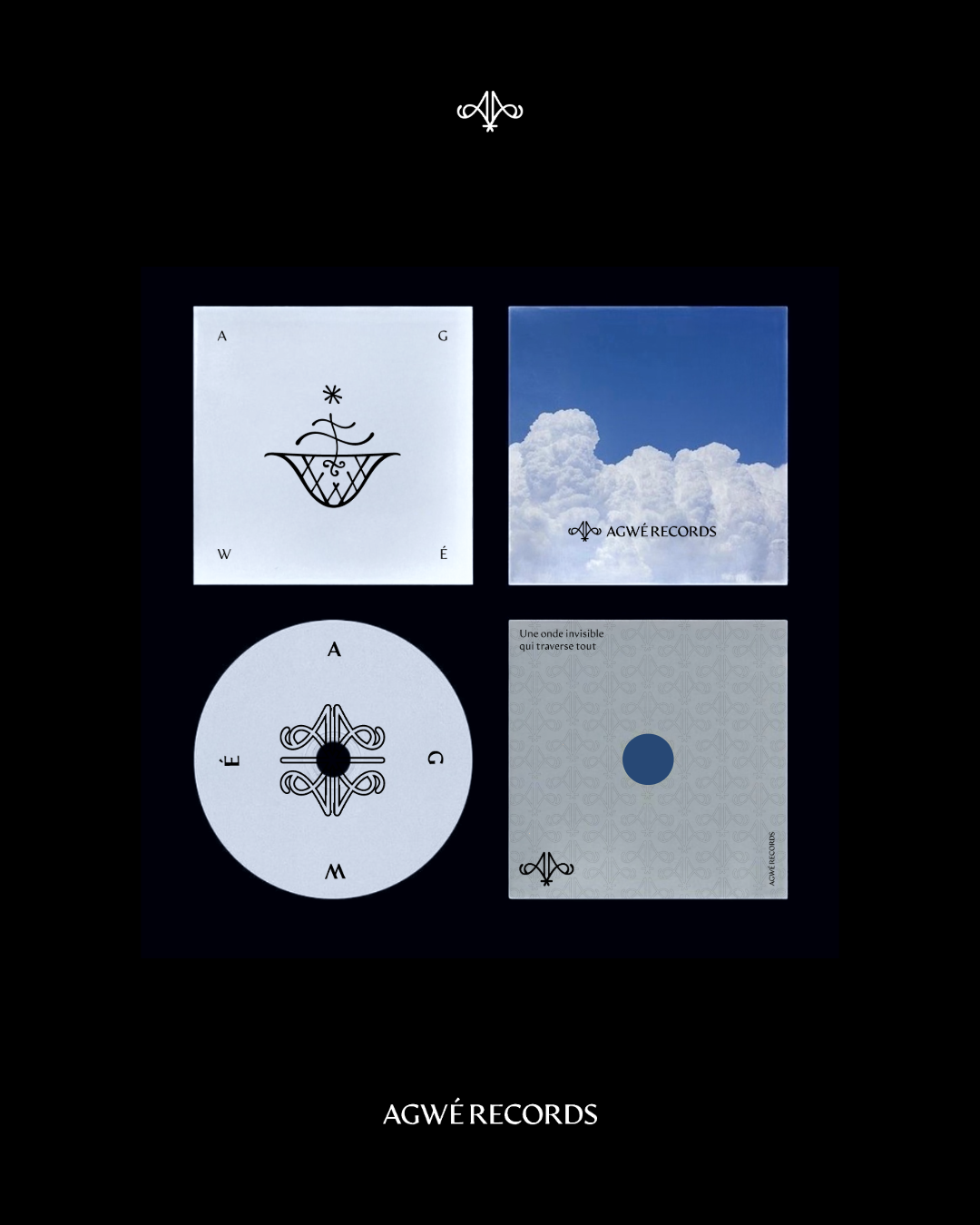 Quatre images différentes représentant des éléments de la marque AGWÉ RECORDS, avec des motifs graphiques, un ciel avec des nuages, et du texte en français.