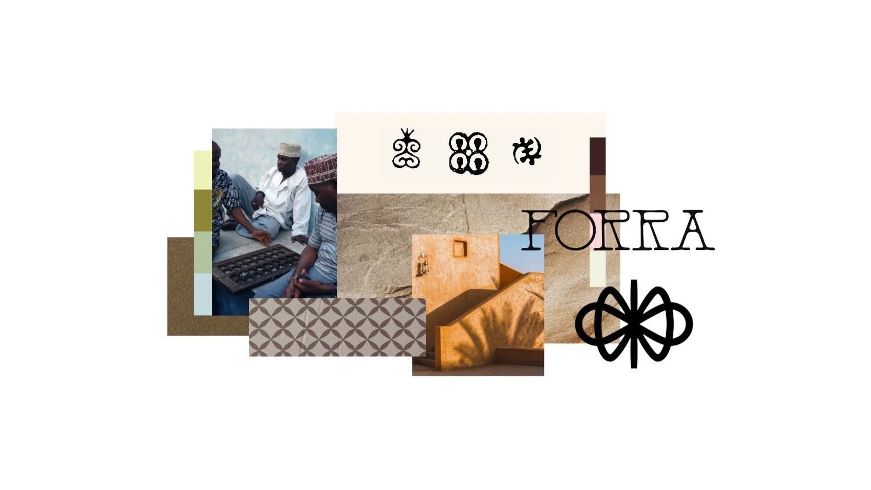 Collage de photos et motifs représentant la culture du Forra, avec des enfants jouant à un jeu de société et des éléments architecturaux traditionnels.