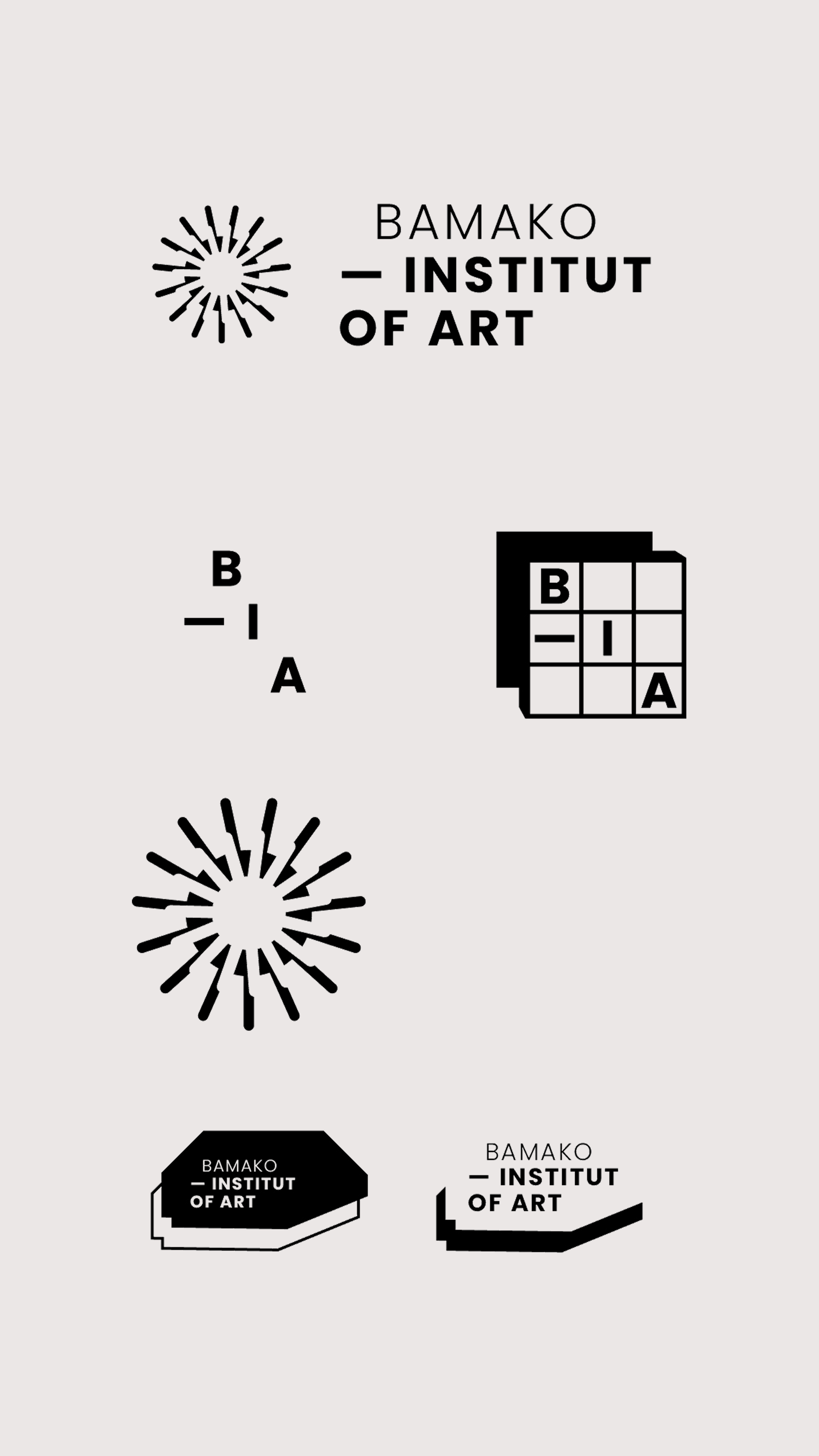 Logo de l'Institut d'art de Bamako et diverses variantes du même logo en noir et blanc.