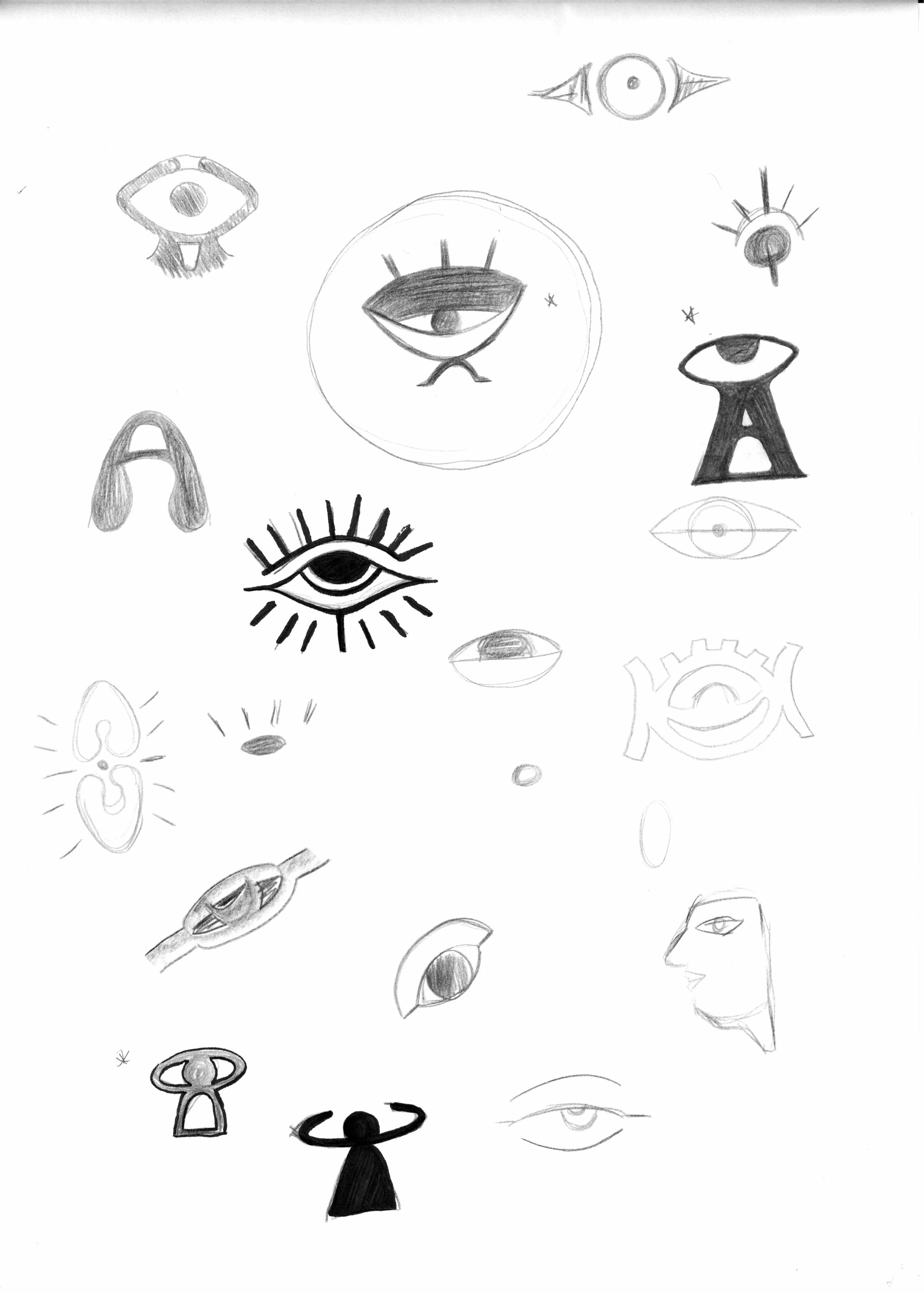 Dessin de plusieurs yeux, visages, et symboles abstraits en style manga ou esquisses, avec certains éléments comme une clé, un visage souriant, et des formes géométriques.