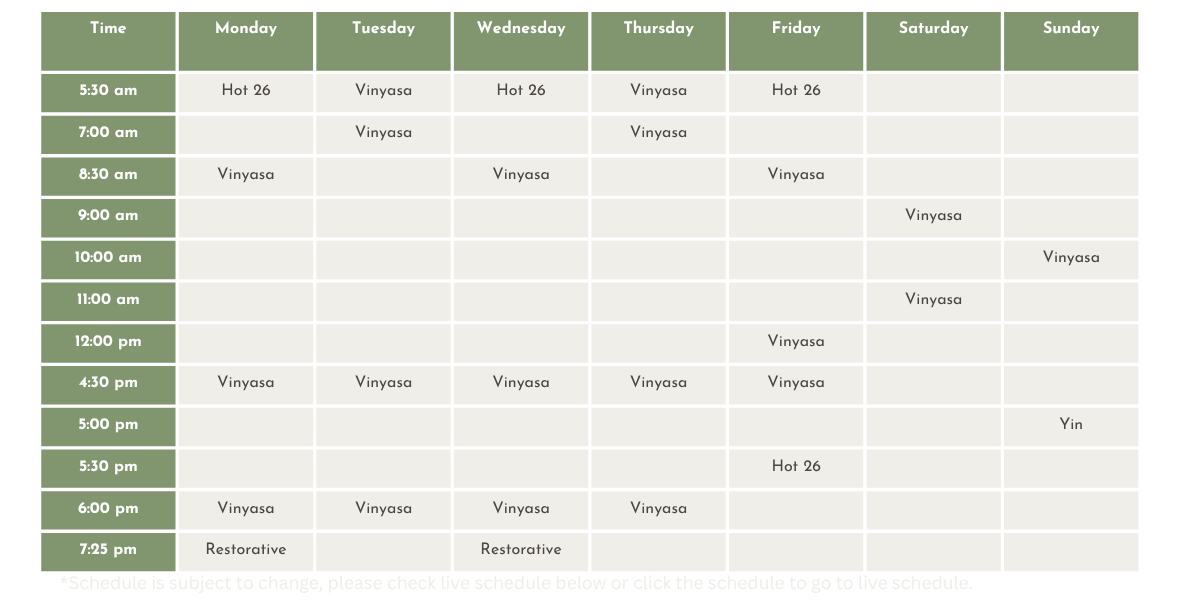 Weekly class schedule with times listed vertically from 5:30 am to 7:25 pm and days of the week horizontally from Monday to Sunday, detailing classes such as Vinyasa, Hot 26, and Restorative.