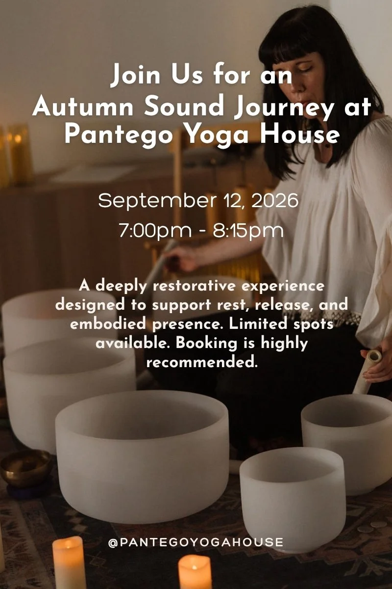Event poster for an autumn sound journey at Pantego Yoga House on September 12, 2026, from 7:00 pm to 8:15 pm, featuring a woman playing crystal singing bowls, with candles on the floor and a calm, serene setting.