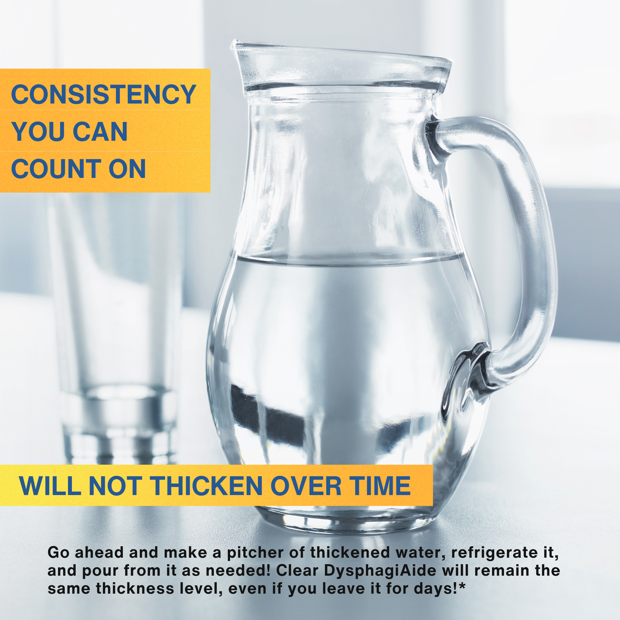 Close-up image of a glass pitcher with a warning label about thickened water. The label says, 'WILL NOT THICKEN OVER TIME'. The pitcher is transparent, and the background appears to be a light-colored surface with a blurred, light-filled environment.