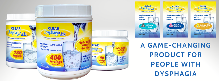 Containers and sachets of Clear DysphagiaAide dietary supplement, used for people with dysphagia, with labels indicating servings, thickening levels, and benefits.