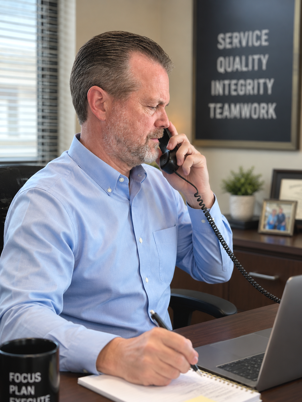 Glenn Ballard is answering a customer phone call.