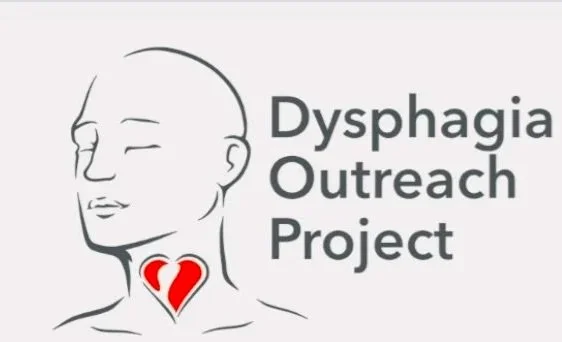 Illustration of a person's side profile with a broken heart at the neck, alongside the text 'Dysphagia Outreach Project'.