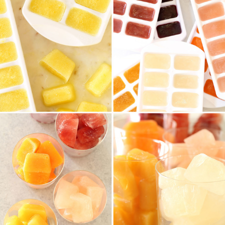 Assorted fruit-flavored frozen fruit bars and popsicles in various colors and flavors