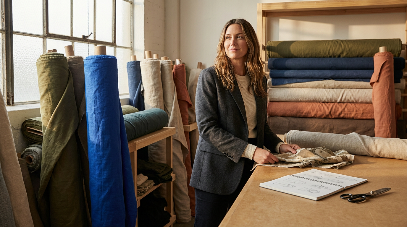 Woman in a gray blazer standing at a wooden table in a fabric store, surrounded by rolls of fabric and a stack of folded cloth in the background.