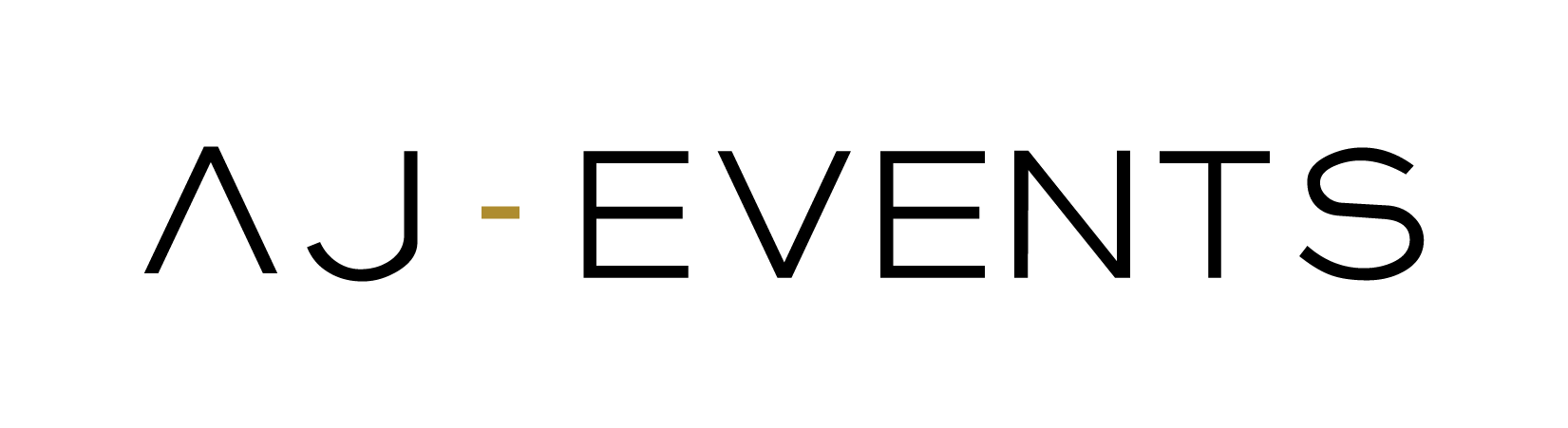 Logo for AJ Events in black letters with a gold dash between AJ and Events.