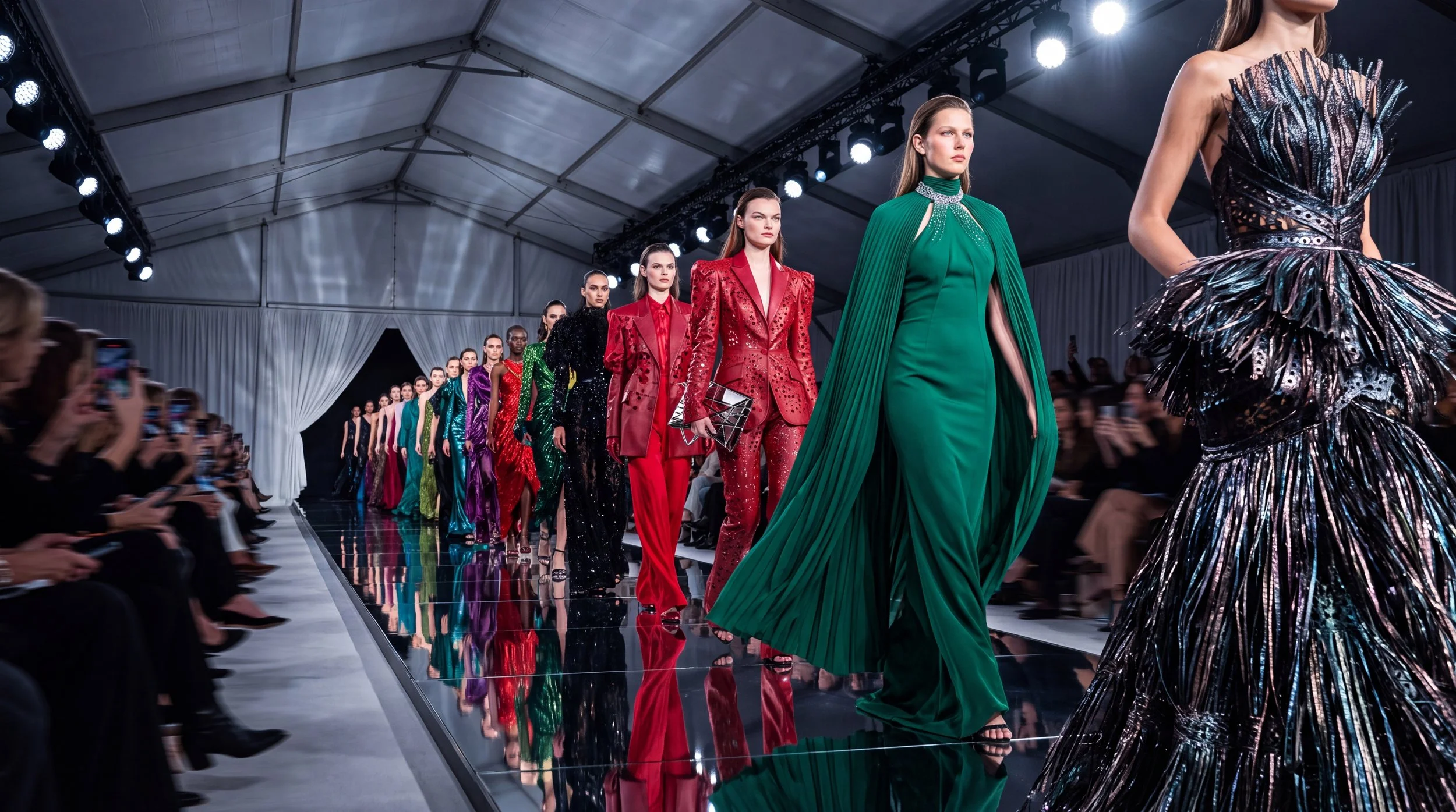 Models walking down the runway at a fashion show in a large, well-lit tent, wearing colorful and elaborate designer outfits.