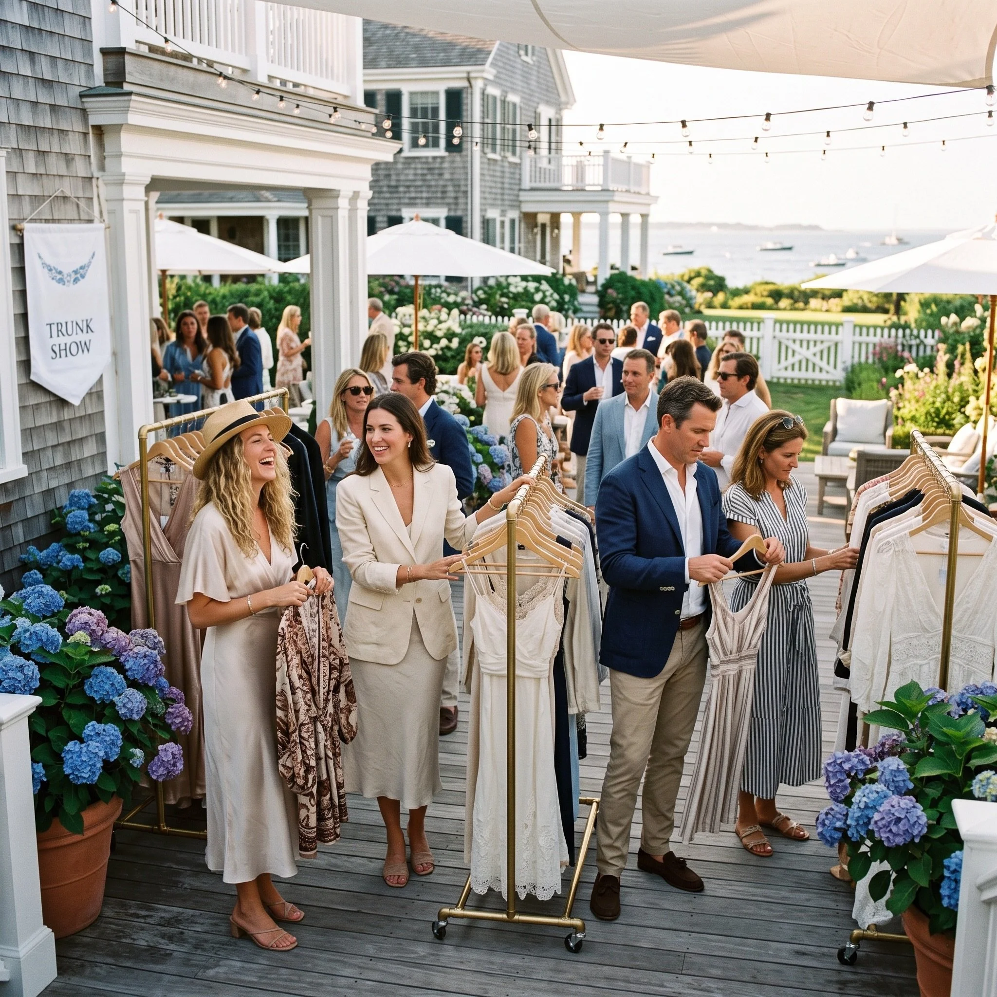 People gathered outdoors at a social event near a seaside, with umbrellas and string lights overhead, and plans for a trunk show indicated by a sign.