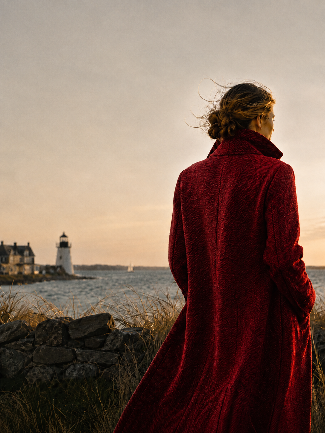 Woman with her back to the camera, wearing a red coat, standing outdoors near the ocean during sunset, with a lighthouse and houses in the background.