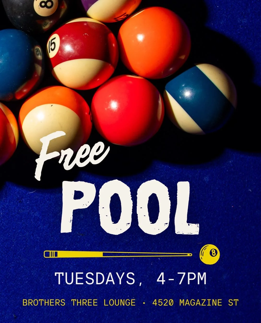 Starting next Tuesday: free pool at Brothers Three 🎱

Buy a drink, put your name on the list, and call next. Winner keeps the table for up to 3 rounds, then we run it back.

Every Tuesday, 4&ndash;7 PM for paying customers.

Tag your pool rival. Win