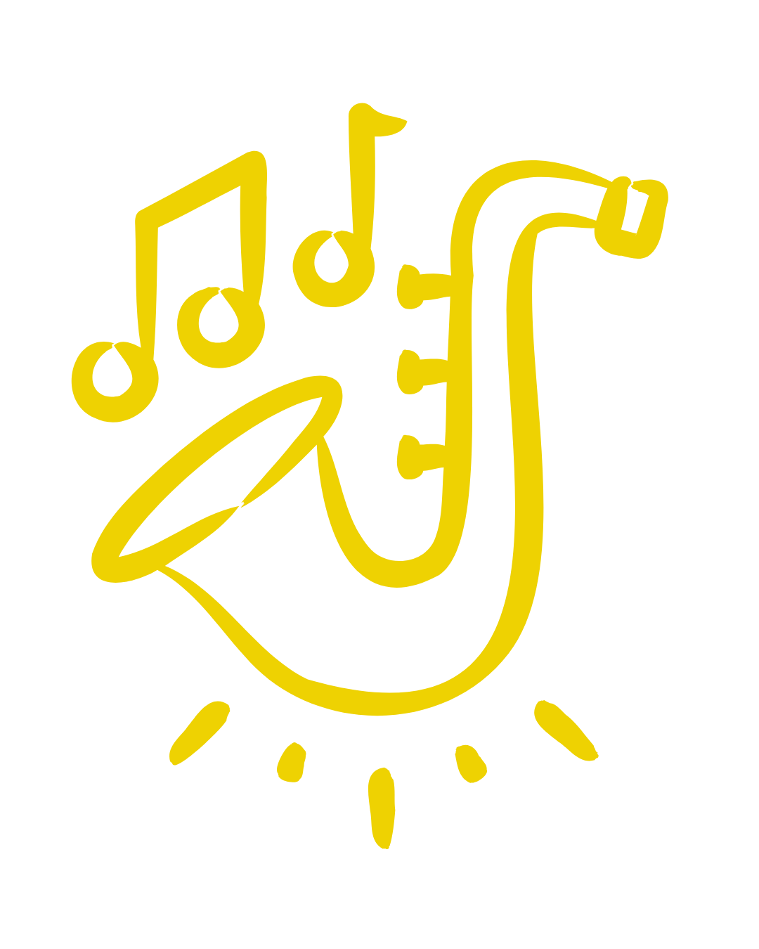 Yellow line drawing of a saxophone with musical notes coming out of the bell, surrounded by radiating lines.