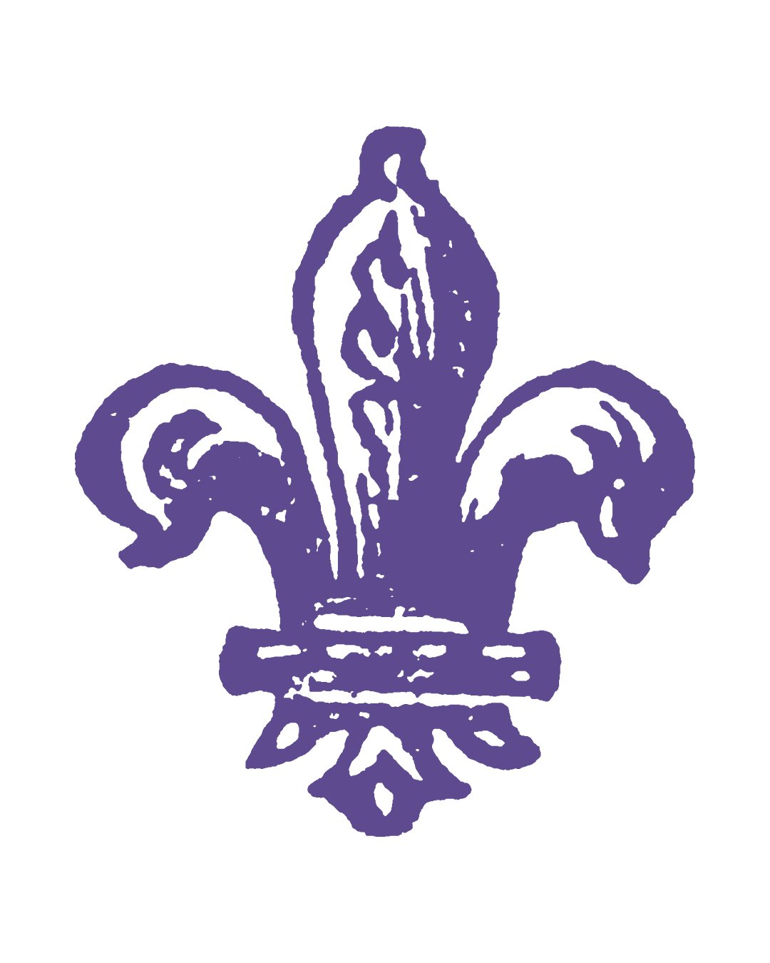A purple fleur-de-lis symbol on a black background.