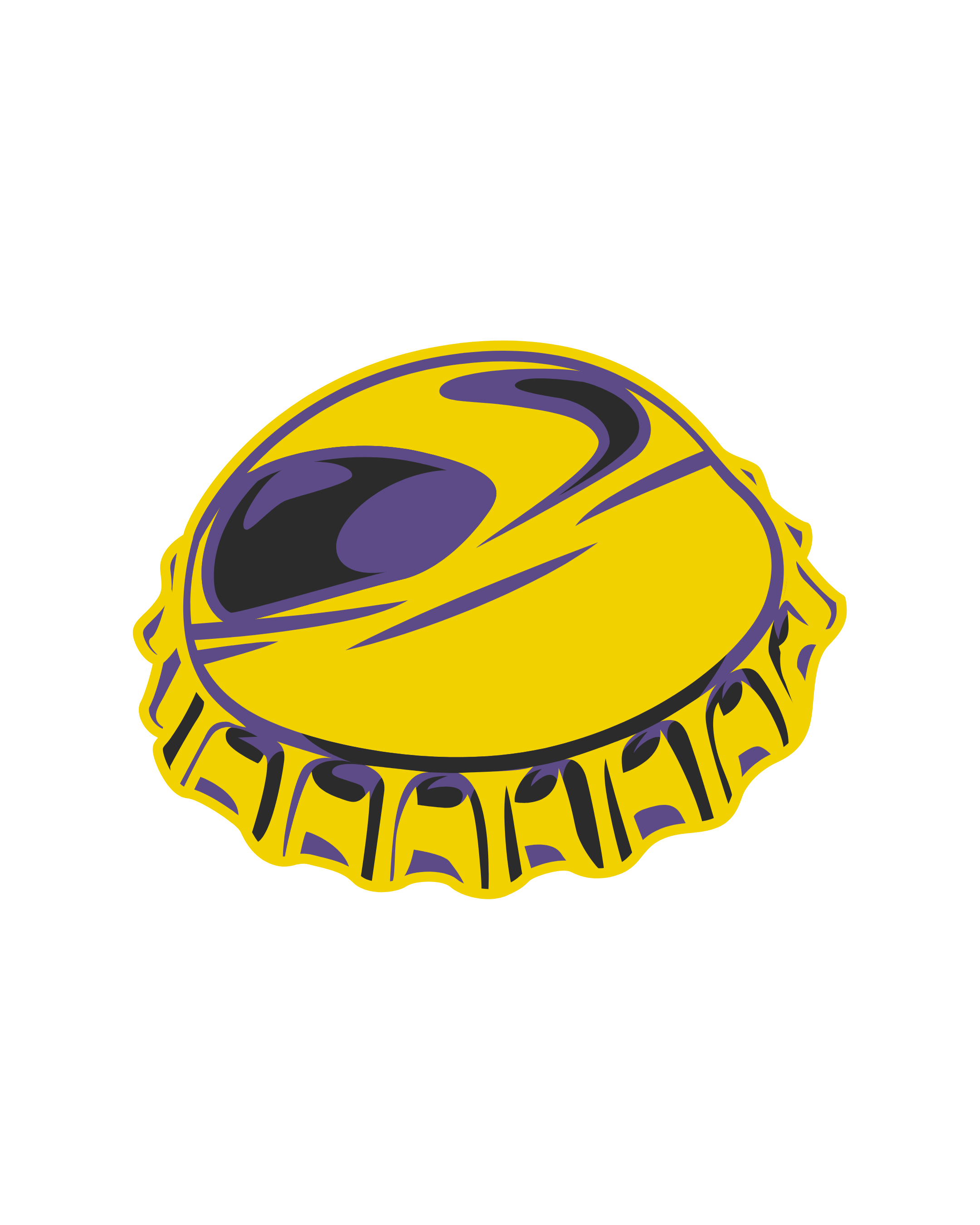 A yellow bottle cap with purple and black detailing, placed against a black background.
