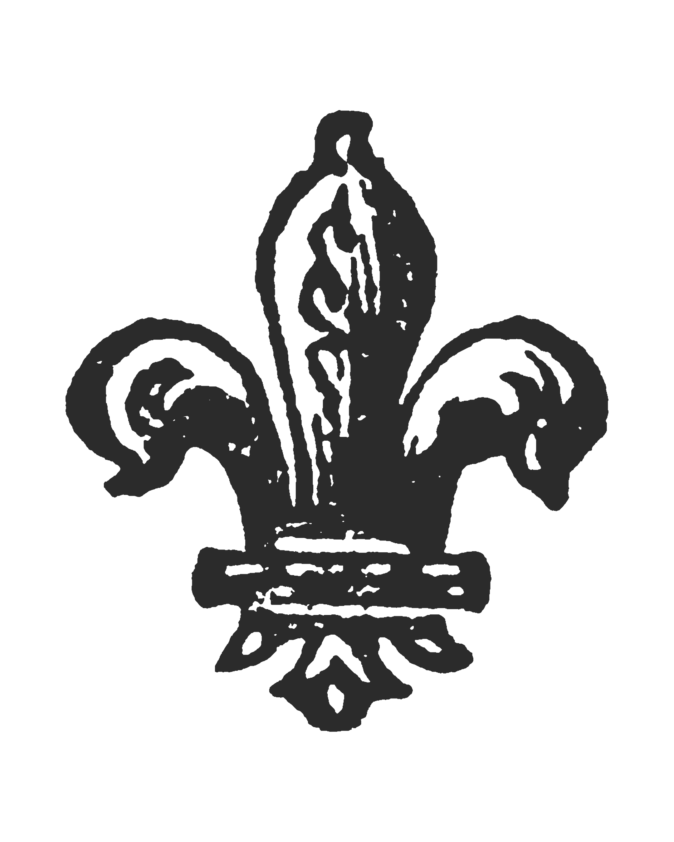 Black and white illustration of a fleur-de-lis, a stylized lily flower often associated with French royalty and heraldic symbolism.