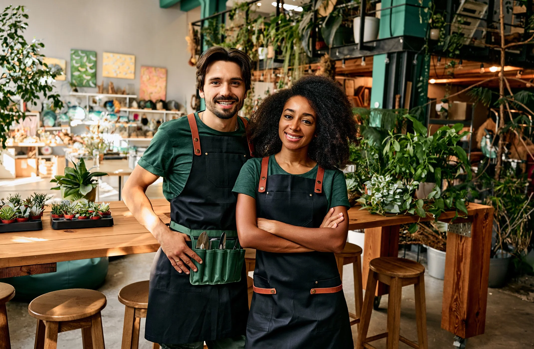 Two smiling employees in green shirts and black aprons standing behind a wooden table in a plant nursery or garden center, surrounded by various plants and gardening supplies.