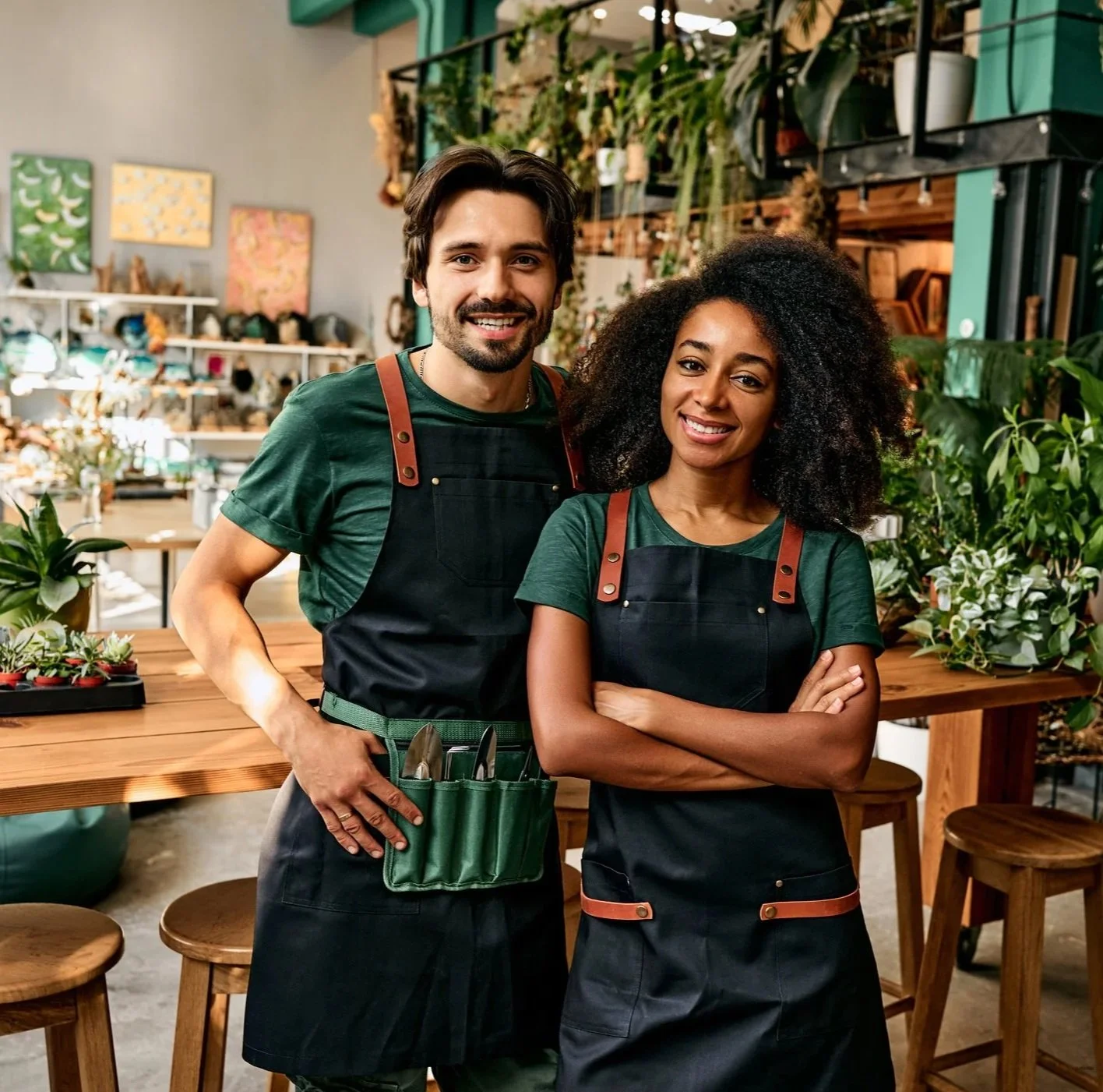 A man and woman smiling inside a plant shop or greenhouse, both wearing black aprons with brown leather straps, surrounded by plants and gardening supplies.