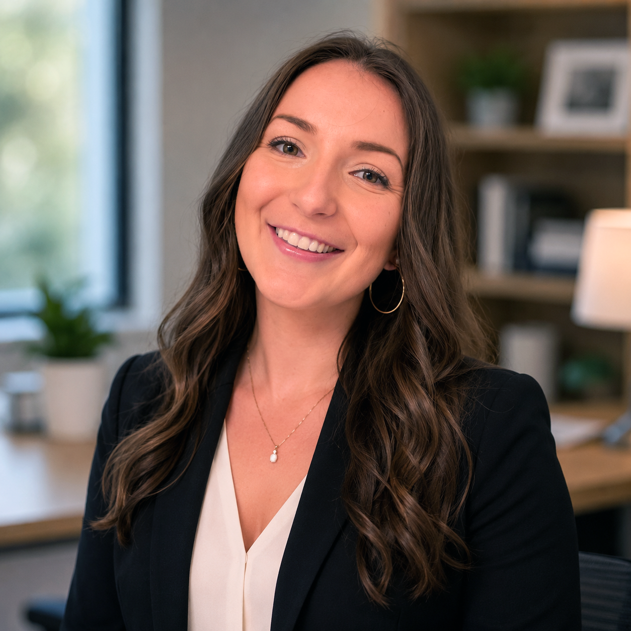 A smiling woman with long wavy brown hair, wearing a black blazer and white blouse, sitting in an office setting with a blurred background of a window, shelf, and potted plant.
