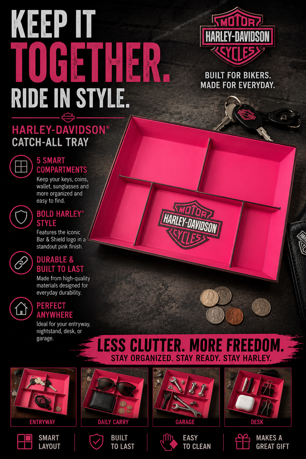Catch-All Tray, Biker Desk Organizer, 5-Compartment Key and Wallet Holder, Garage Décor, Gift for Motorcycle Rider
