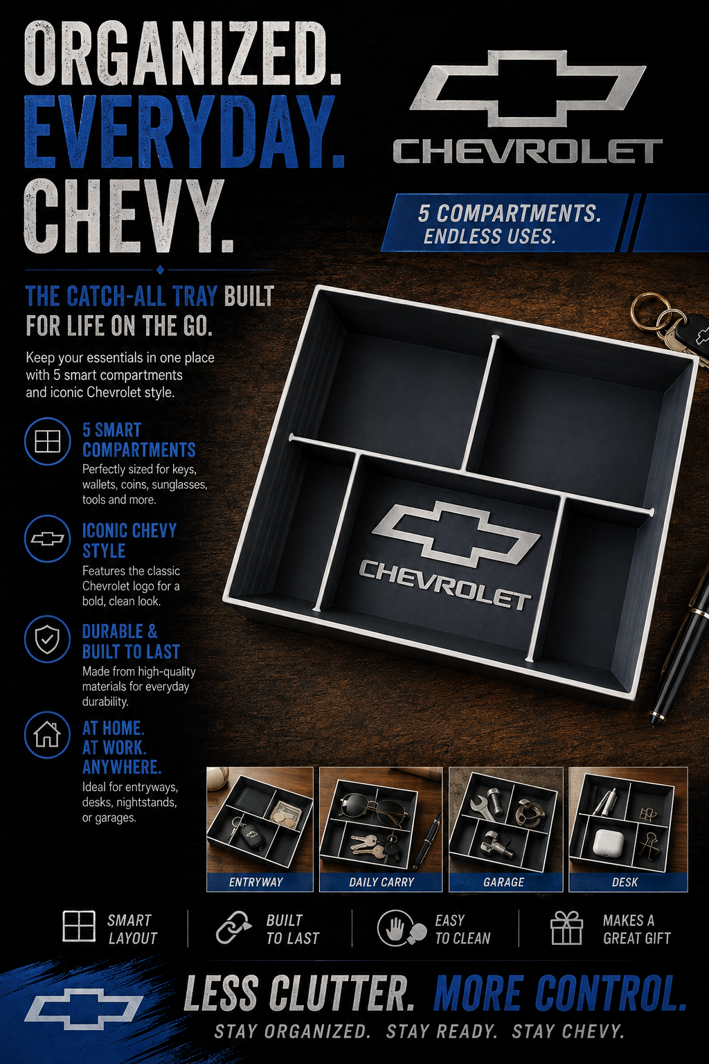 Chevrolet Catch-All Tray, 5-Compartment Desk Organizer, Chevy Car Accessories, Key and Wallet Holder, Gift for Chevy Fans