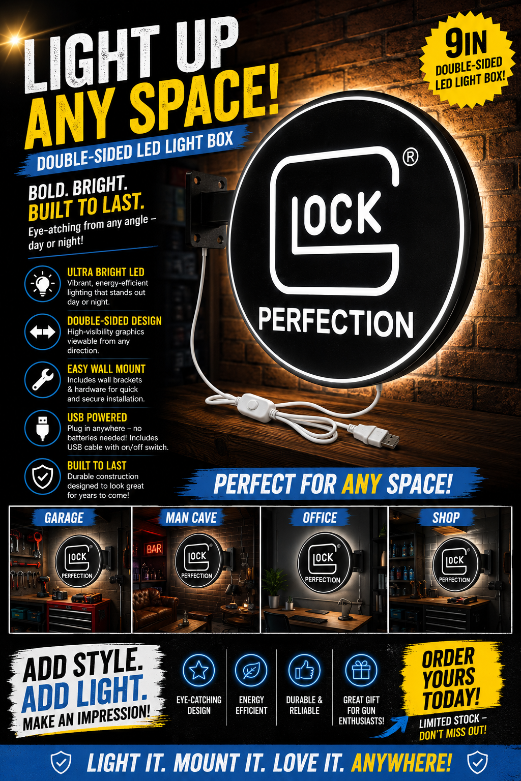 Glock Perfection–Themed 9-Inch Double-Sided LED Light Box for Garage, Man Cave, Gun Room, or Workshop