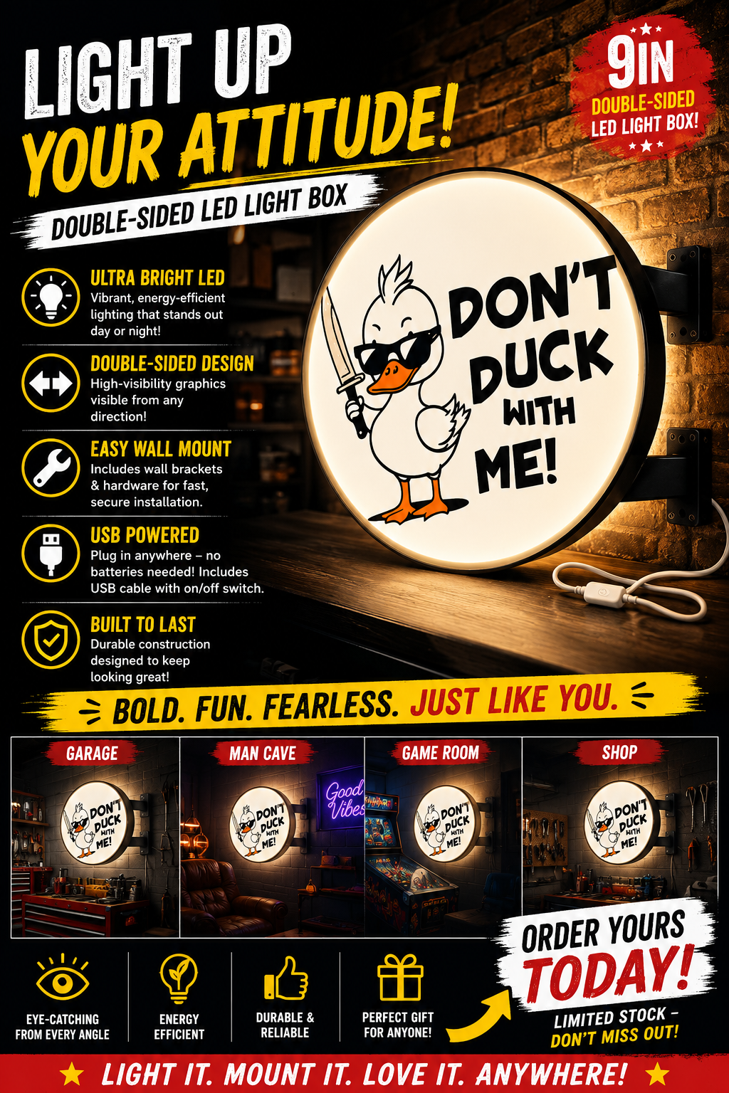 Don’t Duck With Me LED Light Box, Double-Sided USB Powered Duck Sign, Funny Garage Man Cave Decor, Workshop Bar Gift, 9 Inch Light