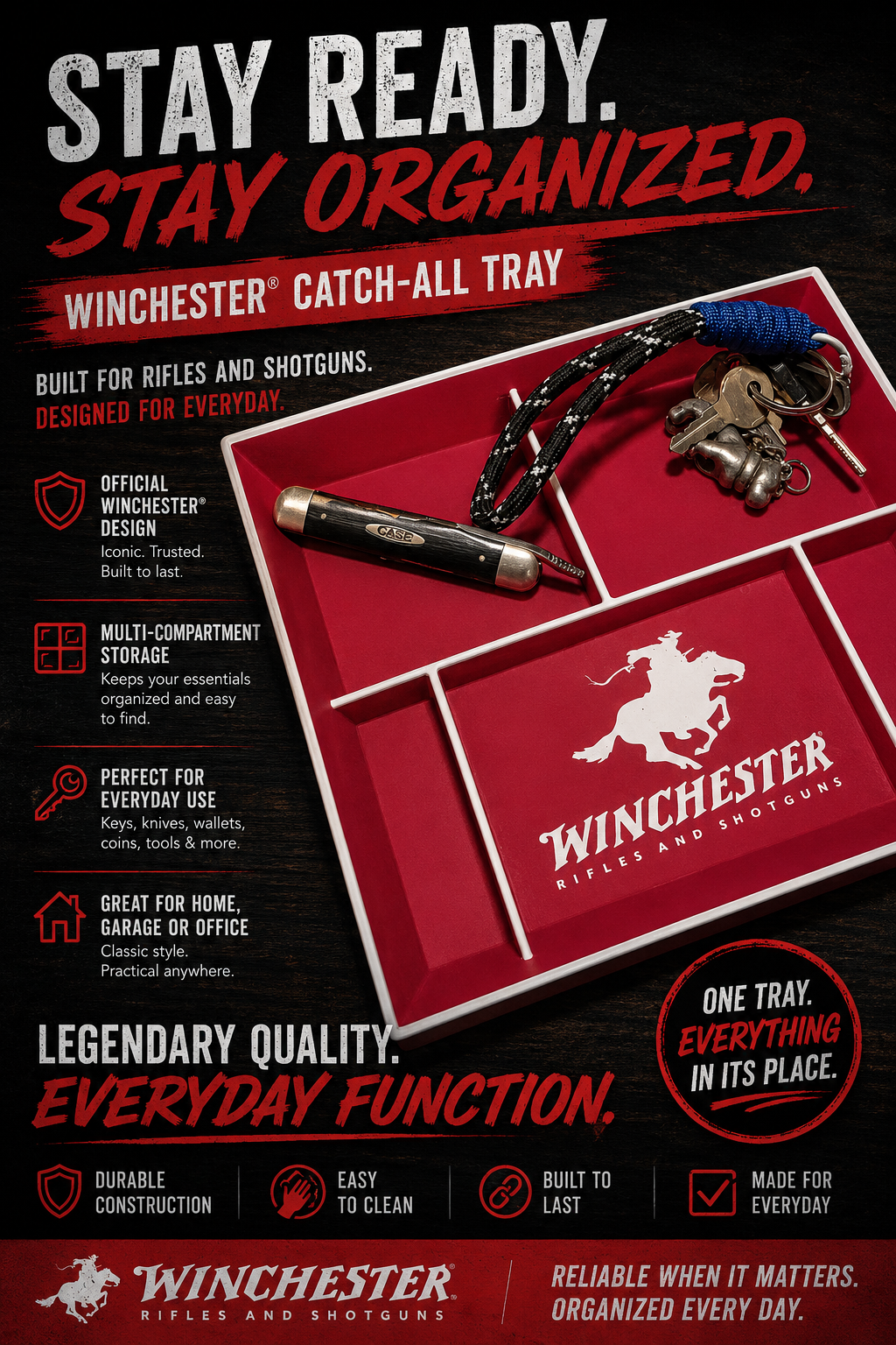 Winchester-Themed Catch-All Tray, Red and White Desk Organizer, Multi-Compartment Valet Tray, Gift for Hunters and Gun Enthusiasts