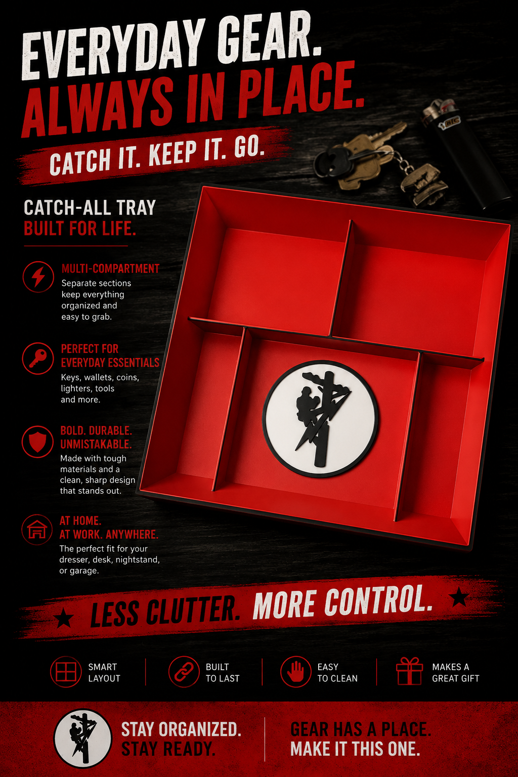 Lineman-Themed Catch-All Tray with Multiple Compartments – Red and Black Organizer for Keys, Wallets, Tools, and Everyday Essentials